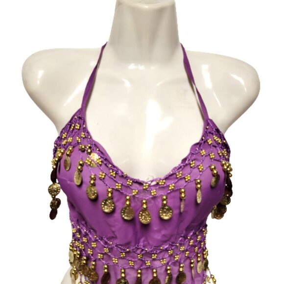 Purple Belly Dancing Top Crocheted with Gold Beads Coins Halter Crop Top - Picture 3 of 6